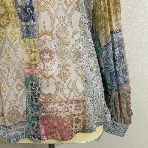 New Olivaceous Boho Semi-sheer Faded Patchwork Button Down Blouse Large - Picture 5 of 10